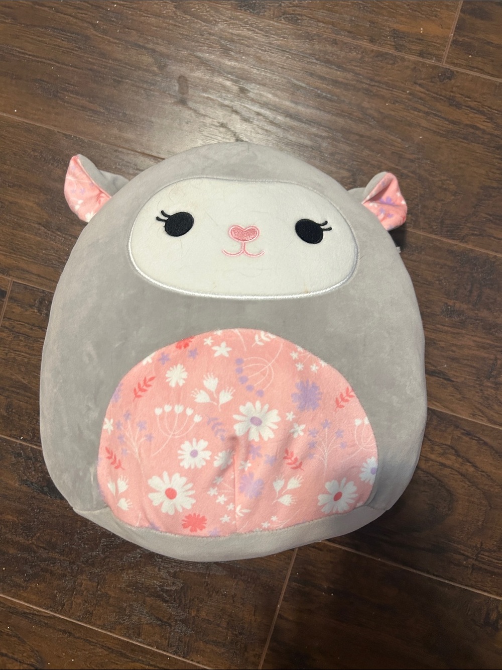 SQUISHMALLOW Gray & Pink Plush Lamb Pillow with Floral Belly